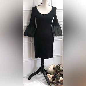 French Connection-Women's Black Bodycon Dress w/ Mesh Bell Sleeves